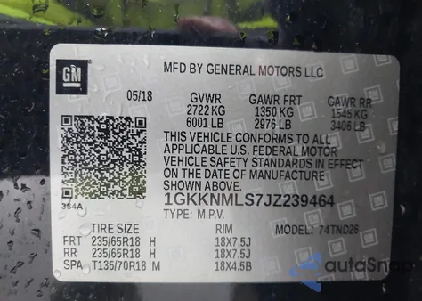 2018 GMC Acadia Slt-1 z USA, uszkodzony, nr VIN 1GKKNMLS7JZ239464